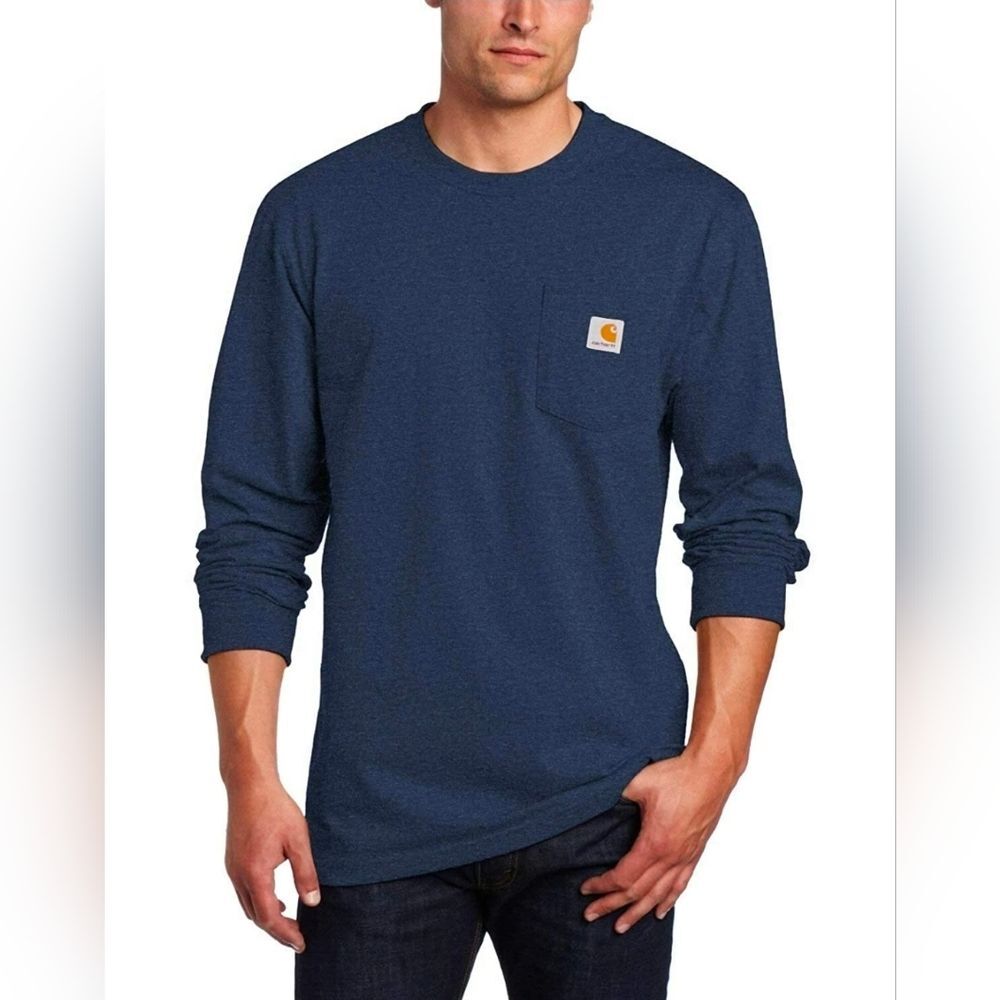 Carhartt Men's K126 Workwear Jersey Knit Pocket Long Sleeve Shirt Loose Fit Navy - Picture 1 of 7
